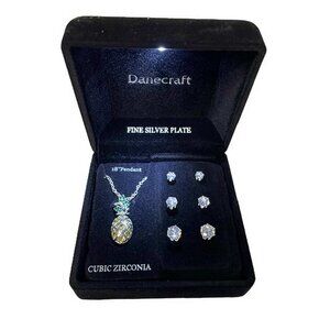Danecraft Spotlight 4 pc CZ Pineapple Necklace & Stud Earring Set